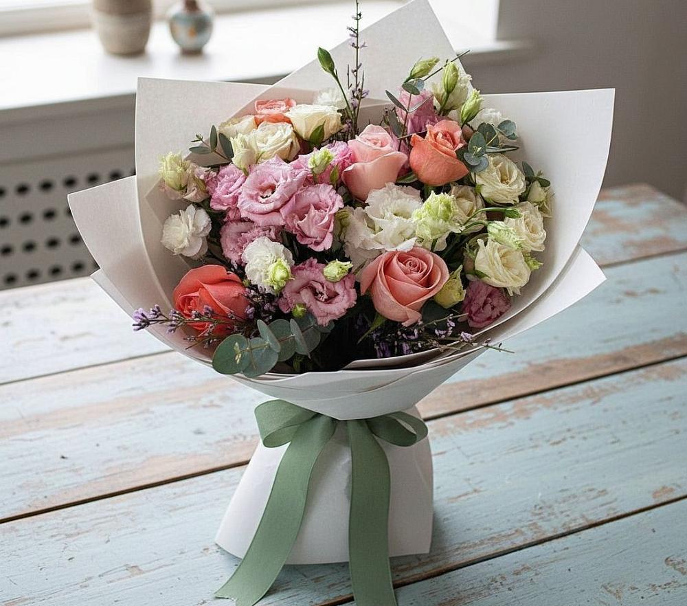 Букет цветов из: Розы, Лизиантусы и Гвоздики в Сафоново