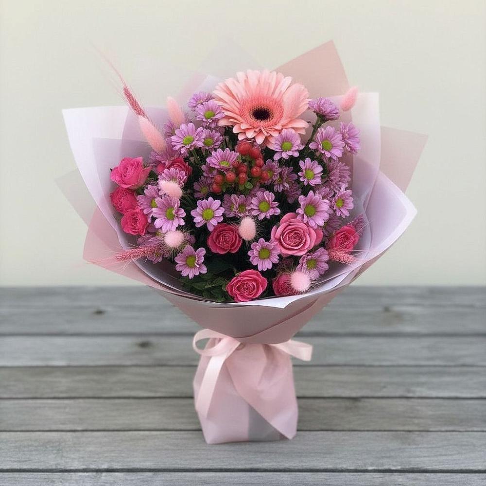 Букет цветов из: Розы, Герберы и Хризантемы в Сафоново