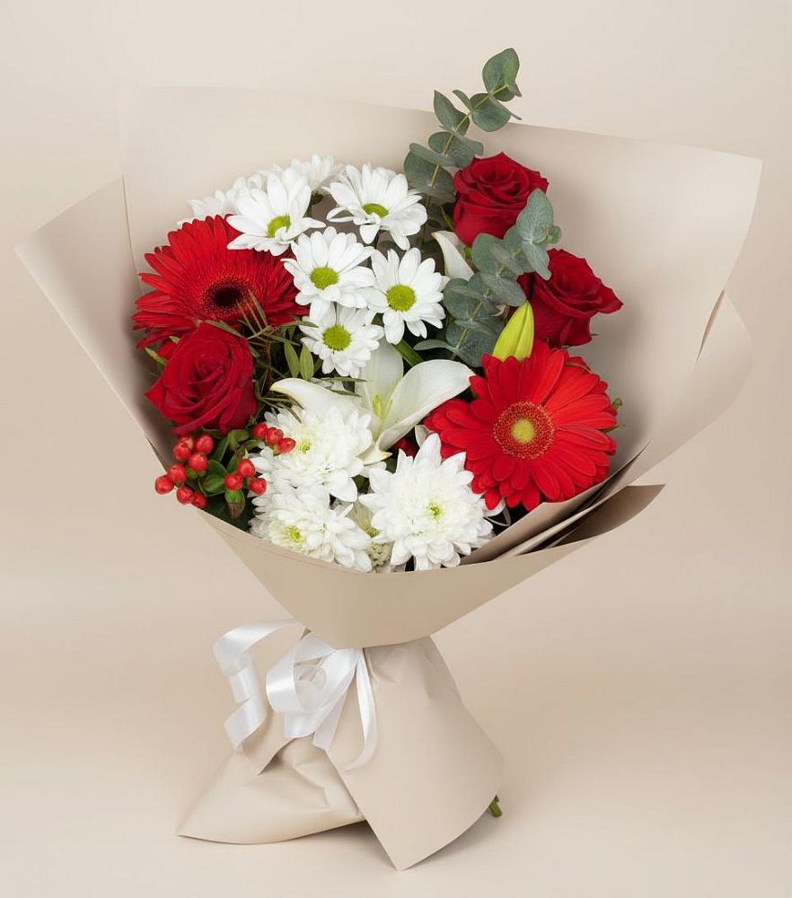 Букет цветов из: Розы, Хризантемы, Герберы и Лилии в Сафоново