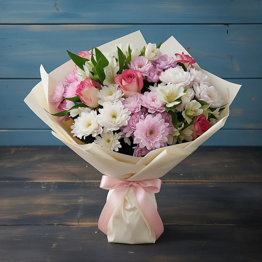 Букет цветов из: Хризантемы, Альстромерии и Розы в Сафоново